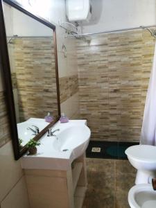 a bathroom with a sink and a mirror at Cabaña Jacarandá in Villa Serrana