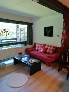 ein Wohnzimmer mit einem roten Sofa und einem Tisch in der Unterkunft Begonie in Siegsdorf