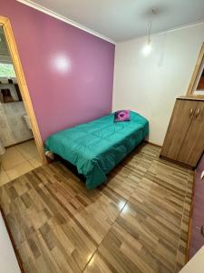 Un pequeño dormitorio con una cama verde en la esquina en Habitación con baño privado, 