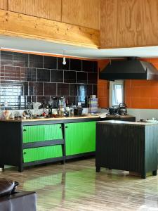 a kitchen with green and black cabinets in a kitchen at Habitación con baño privado 