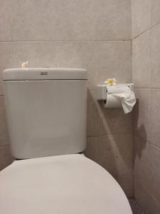 een toilet in een badkamer met een rol toiletpapier bij Sunshine Bungalows in Amed