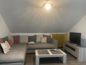 un soggiorno con divano e TV di La Kaze Cocos a Pierrefonds