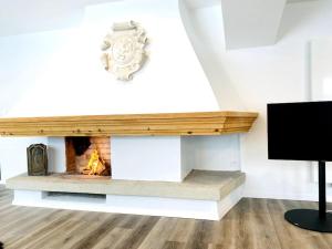 a living room with a fireplace and a tv at Modern designed, luxury mountain view Apartment in Kandersteg