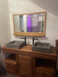 ein Badezimmer mit 2 Waschbecken und einem Spiegel in der Unterkunft La Kaze Cocos in Pierrefonds