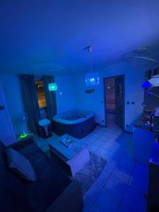 uma sala de estar azul com um sofá e uma banheira em Jacuzzi au cœur de Bordeaux em Bordeaux