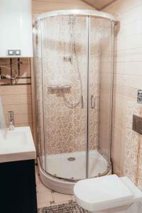 een badkamer met een douche, een toilet en een wastafel bij Annas Dzirnavas in Annas
