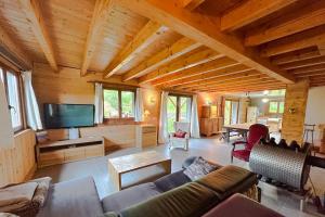 Peaceful chalet near the ski slopes 8 people في Fontrabiouse: غرفة معيشة مع أريكة وتلفزيون