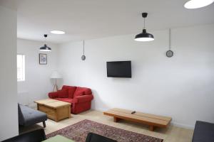 uma sala de estar com um sofá vermelho e uma televisão em Spacious modern one bedroom apartment em Galway