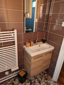 ein Bad mit einem Waschbecken und einem Spiegel in der Unterkunft Studio du Roi : proche château/vue/refait à neuf in Versailles