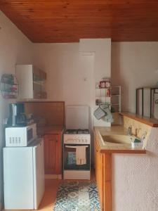 una pequeña cocina con fogones y fregadero en Appartement meublé centre ville NYONS, en Nyons
