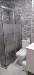 a bathroom with a toilet and a glass shower at Apartamentos CRISPIN UAT01606 in Corella