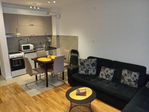 a living room with a couch and a table and a kitchen at Apartman Pan in Soko Banja