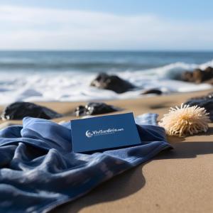 ein blaues Handtuch am Strand mit Meer in der Unterkunft Swimming Pool and Relax Apartment in Castelsardo