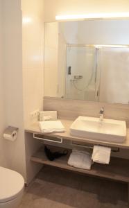 a bathroom with a sink and a toilet and a mirror at Green Business Hotel am Mühlengrund Graz in Graz