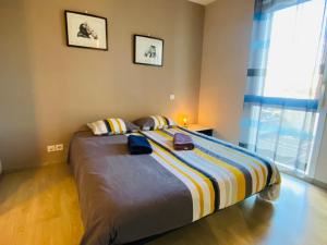 - un lit avec couverture rayée dans une chambre avec fenêtre dans l'établissement Appartement T2 cosy à Rodez, à Rodez