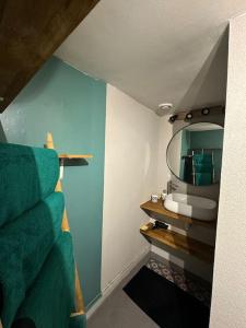 a bathroom with a mirror and green towels at Studio indépendant avec jardin in Tours