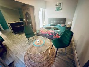 une chambre avec un lit, une table et des chaises dans l'établissement Studio indépendant avec jardin, à Tours
