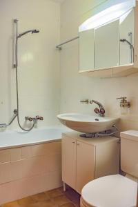 La salle de bains est pourvue d'un lavabo, d'une douche et de toilettes. dans l'établissement Kid-friendly studio near Ski Lifts, à Crans-Montana