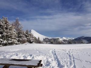 um banco de madeira sentado na neve ao lado de uma montanha em Studio Praz de lys - Les pralyssimes em Taninges