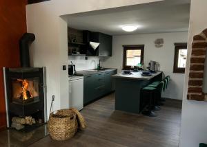 a kitchen with a fireplace and a stove at Golden Pinpoint in Gornje Vratno