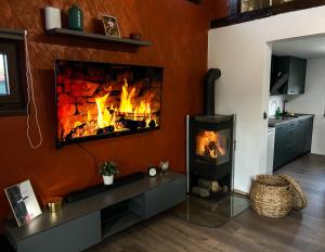 a fireplace in a living room with a fire at Golden Pinpoint in Gornje Vratno