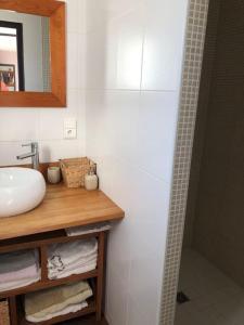 a bathroom with a sink and a mirror and a shower at Belle maison île de Ré avec piscine in Sainte-Marie-de-Ré