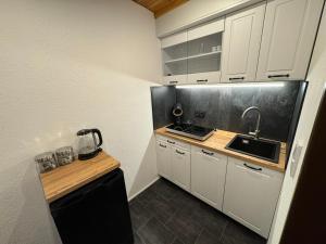 eine kleine Küche mit weißen Schränken und einem Waschbecken in der Unterkunft Ferienwohnung Karo in Oberstaufen