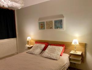 a bedroom with a bed with two pillows and two lamps at Les Arcs 1600 Vaste appartement 4 couchages 2 chambres in Arc 1600