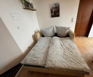 een bed met kussens in een kamer bij Ferienwohnung Karo in Oberstaufen