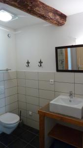 bagno con lavandino, servizi igienici e specchio di L'Esprit du vallon de Berlou a Berlou