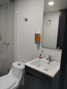 a bathroom with a sink and a toilet and a mirror at HOTEL SALITRE STAR in Bogotá