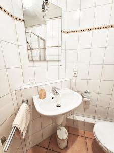 Baño blanco con lavabo y espejo en Landgasthaus Sternen en Kehl am Rhein