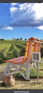 een oranje stoel zittend op een stronk in een veld bij La Piccola Scoperta in Acqui Terme