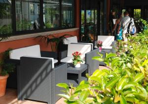 szereg krzeseł i roślin przed budynkiem w obiekcie Hotel La Vela w mieście Passignano sul Trasimeno