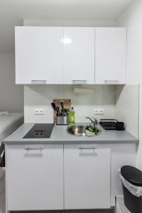 una cocina blanca con armarios blancos y fregadero en Ferienwohnung Domspatz mit Klimaanlage, en Magdeburgo