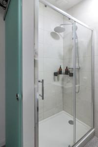 y baño con ducha y puerta de cristal. en Ferienwohnung Domspatz mit Klimaanlage en Magdeburgo