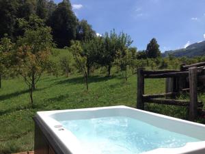 a bath tub with a view of a field at Agriturismo Il Mirtillo B,B in Pasturo