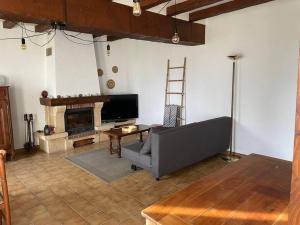 a living room with a couch and a fireplace at Charmante maison à la campagne in Maisoncelles