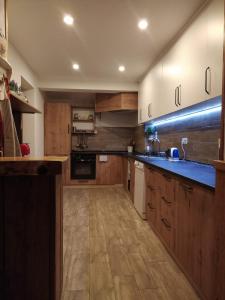 a large kitchen with wooden cabinets and blue counter tops at Planinska kuća "Sedam Vlašića" in Vlasic