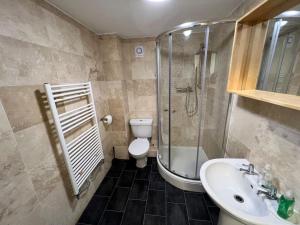 y baño con aseo, ducha y lavamanos. en Luxury home in rugby ready 4U 
