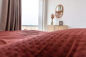 a bedroom with a red bed and a mirror at La vie en Rose in Narbonne +4 photos