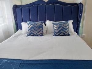 ein Bett mit blauen und weißen Kissen darauf in der Unterkunft Bomet studio/bedsitter next to Chelsa Academy in Bomet