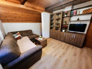 a living room with a couch and a television at Cottage Zoja in Bohinjska Bistrica