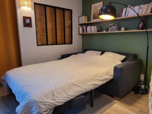 La maisonnette sous le cerisier في Bergonne: سرير كبير في غرفة نوم مع رف للكتب