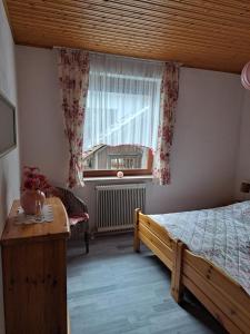 um quarto com uma cama e uma janela em Appartment Resi wohlfühlen und relaxen em Eberndorf