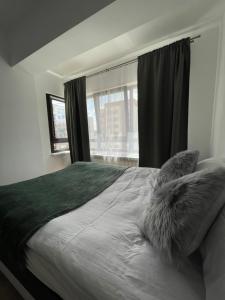 Schlafzimmer mit einem großen Bett und einem Fenster in der Unterkunft 2 Comfy Rooms Apartment in Iaşi