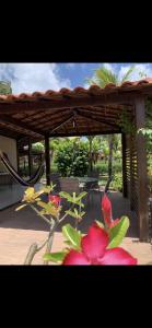 a patio with a wooden pergola and some flowers at bangalô Lucena in Lucena