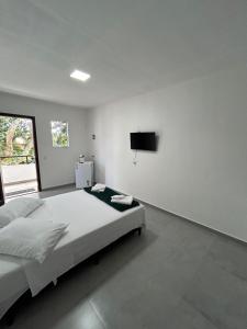 a bedroom with a bed and a flat screen tv at Pousada Tamatoa Suítes in Florianópolis
