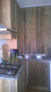 a kitchen with wooden cabinets and a stove top oven at Pensao Sisudo in Sintra