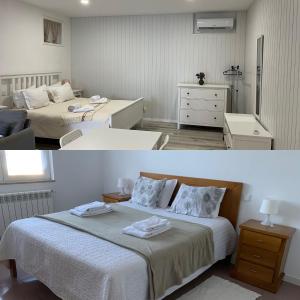 two pictures of a bedroom with two beds and a room at Casa de Casarelhos - Estúdio - T1 - T2 - Zona Gerês in Geres